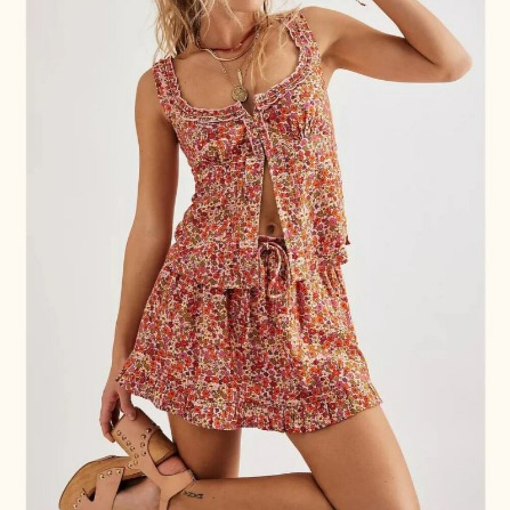 Free People Ellia Set Printed Floral Ruffle Top & Skort Spring Blossom‎ Size S